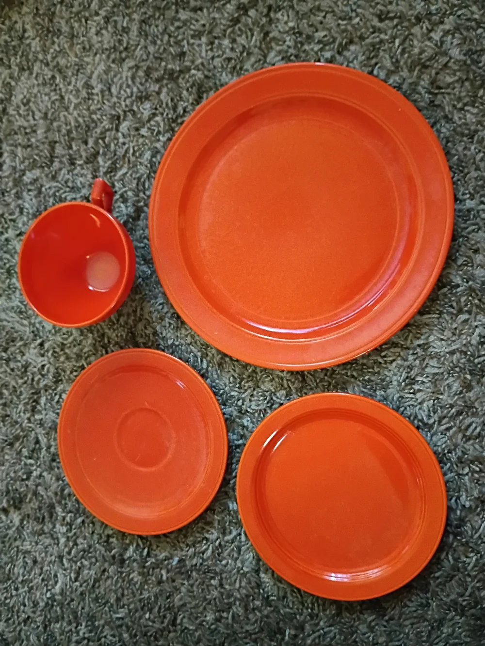 Vintage Early California Vernonware Bright Orange Ceramic Cup and Saucer Set 4